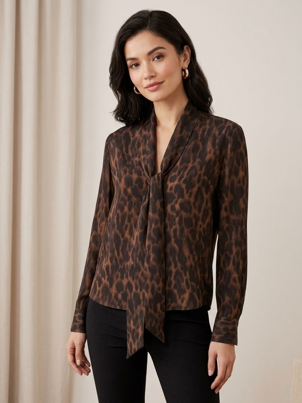 Babaton Brown Leopard Tie-Neck Blouse